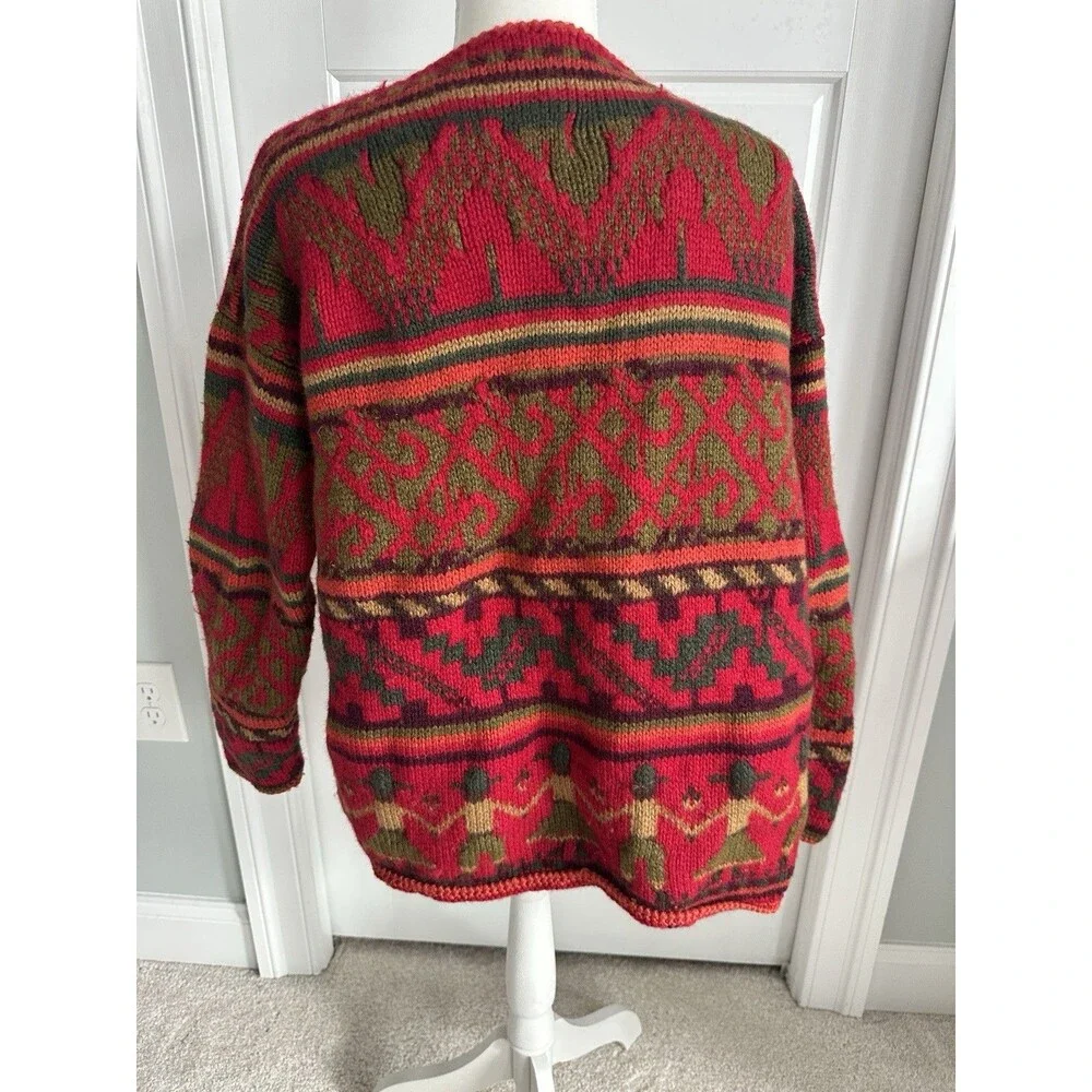 Vintage Hand Knit Wool Cardigan South American Motif Red Green Chunky Boho L/XL - Picture 7 of 10